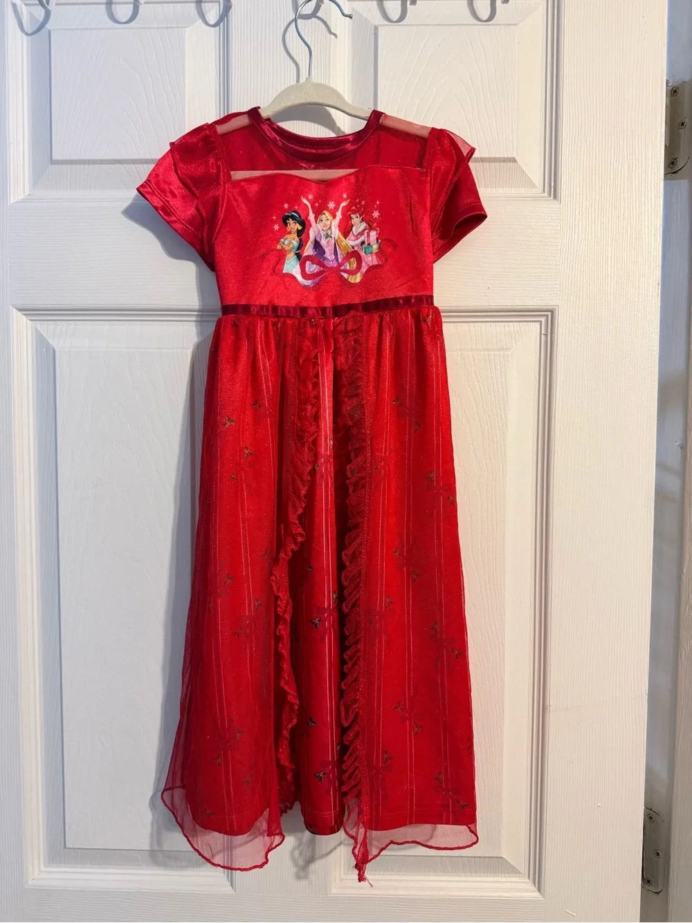 Disney Red Girls' Princess Holiday Dress Top with Multi-Color Character Print - Picture 2 of 5